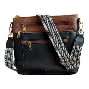 Telena Colorblock Crossbody Bag | Black & Brown Vegan Leather | Adjustable Strap